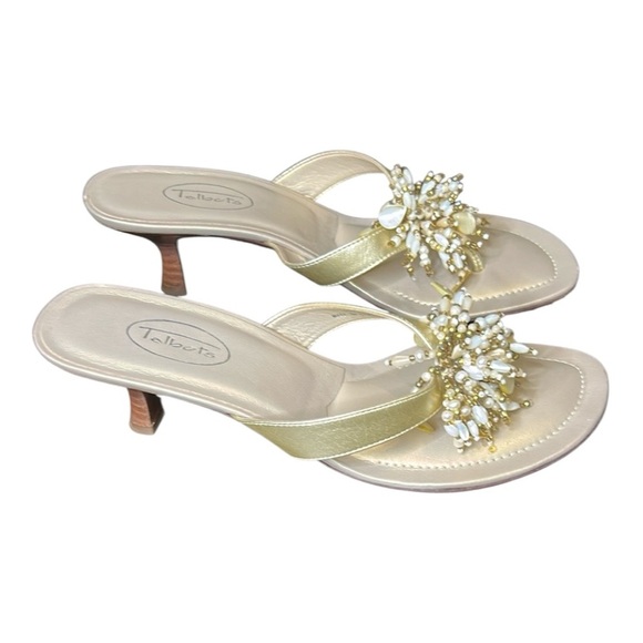 Talbots Gold Leather Jewelled Beaded Mule Elegant Dress Sandals Low Heel Size 7 - Picture 1 of 16